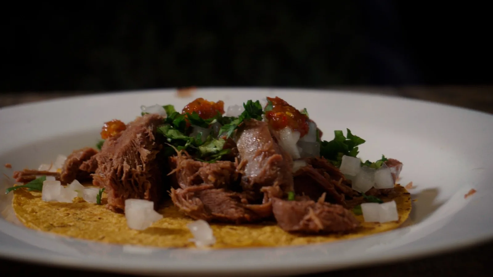 Taco de barbacoa estilo Monterrey con cebolla, cilantro y salsa, servido en plato blanco.